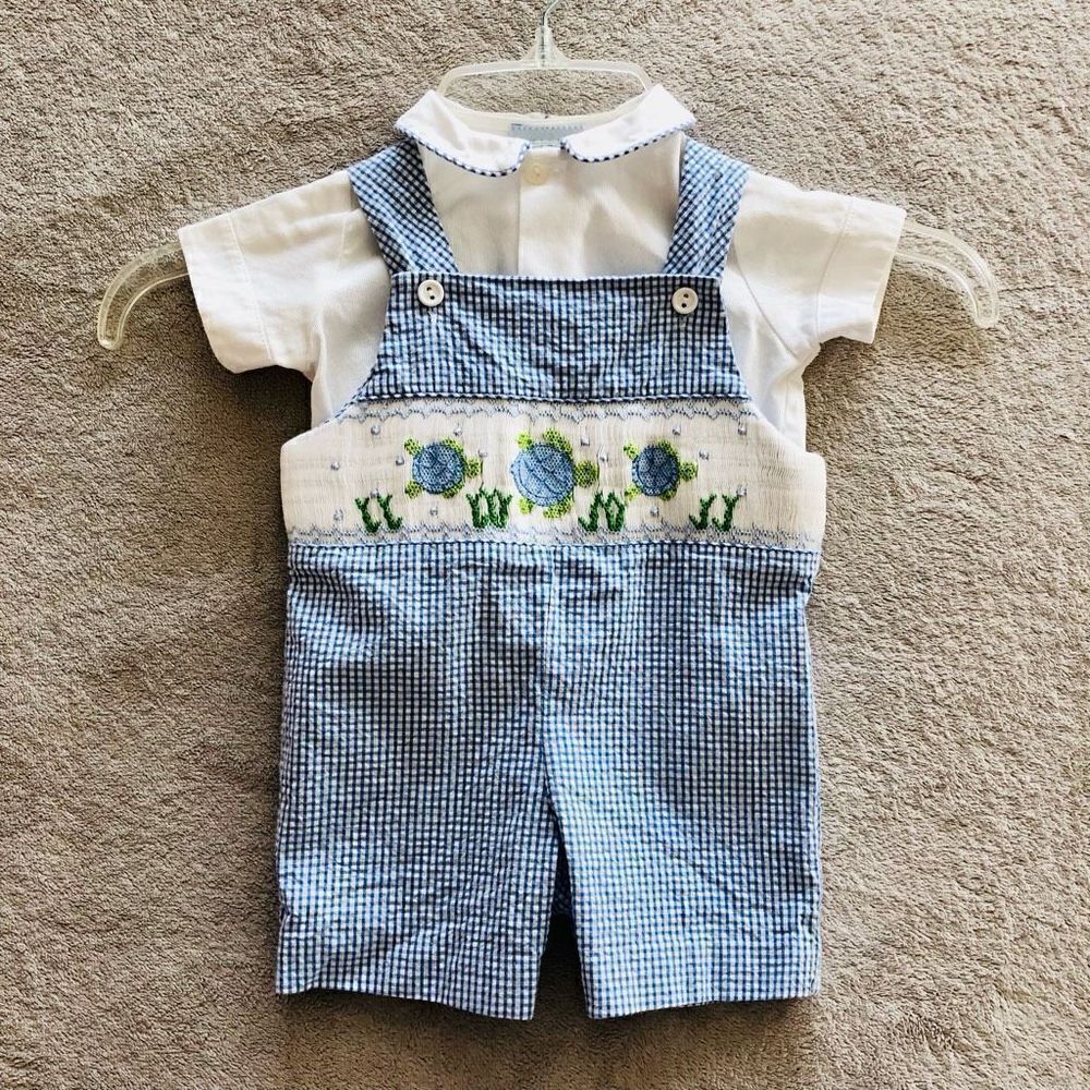 NWOT Vive La Fête Baby Boy Gingam smocked Overalls w/ White Shirt Set(2pc)